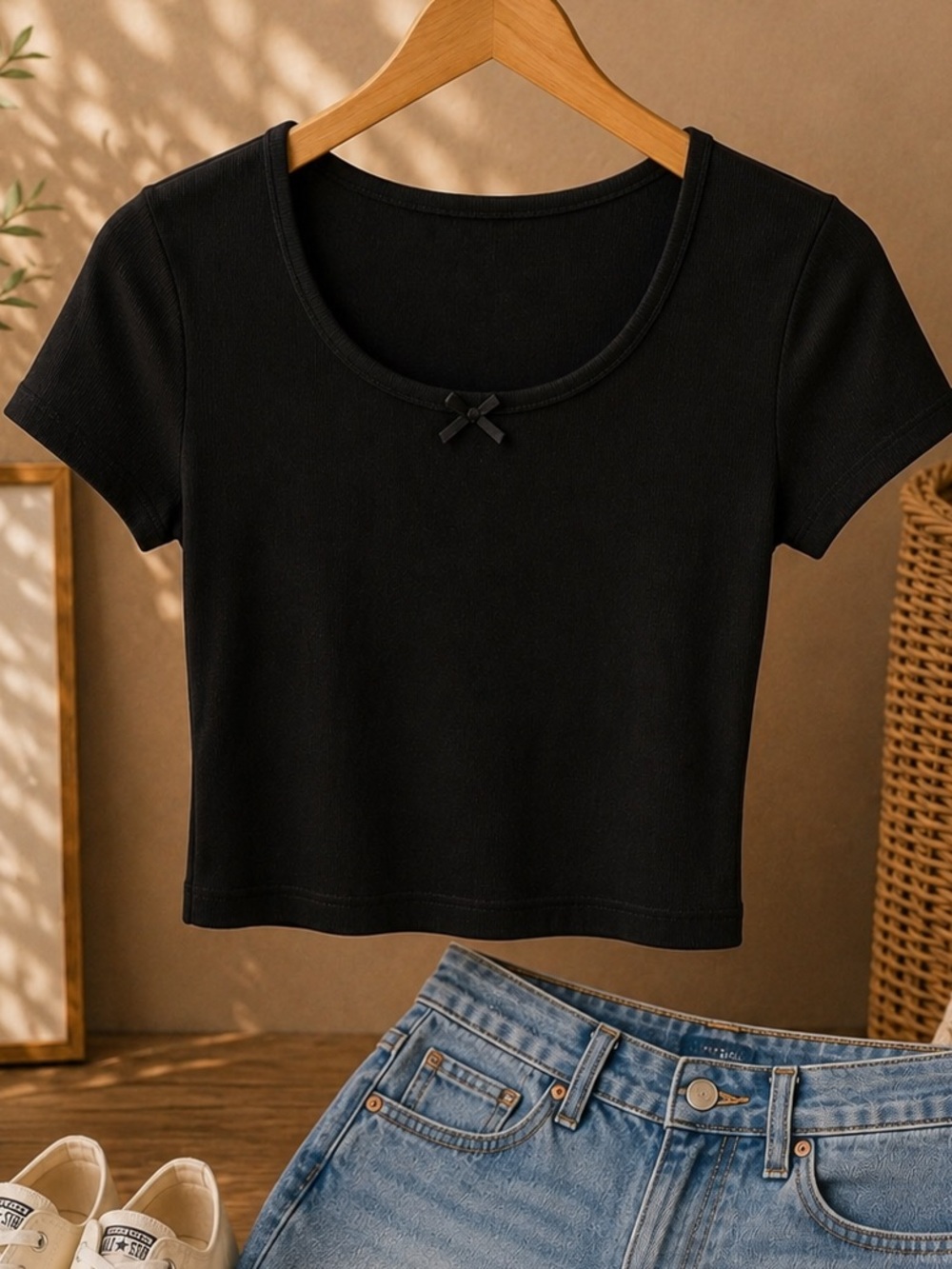 Women’s Black Scoop Neck Short Sleeve Crop Top